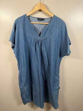 Masai Chambray Tunic Dress Size Medium Blue Minimal Lagenlook V-neck Pockets